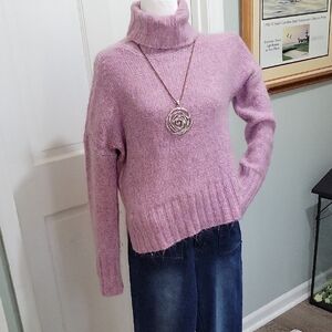 Marled By Anthropologie Women's Oversized S Mauve Turtleneck Sweater, Wool Blend